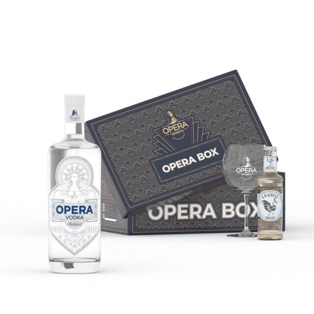 Opera Vodka Box + bottle of J.Gasco ginger beer and glass